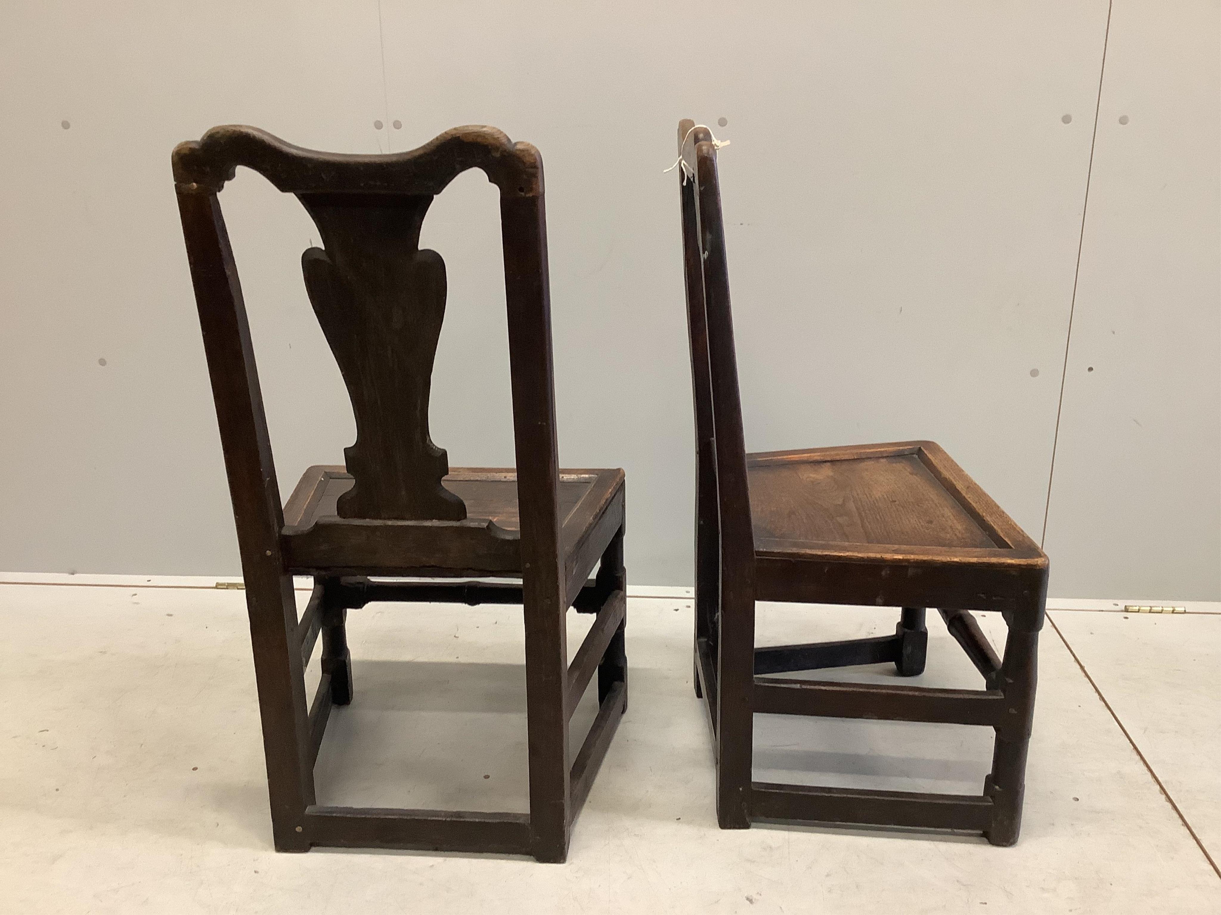 Two 18th century oak wood seat chairs, width 47cm, depth 39cm, height 91cm. Condition - poor